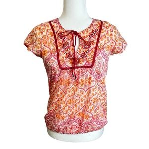 prAna Fall Floral Y2K Top Women’s sz. XS Orange Split Neck Embroidered Rose‎